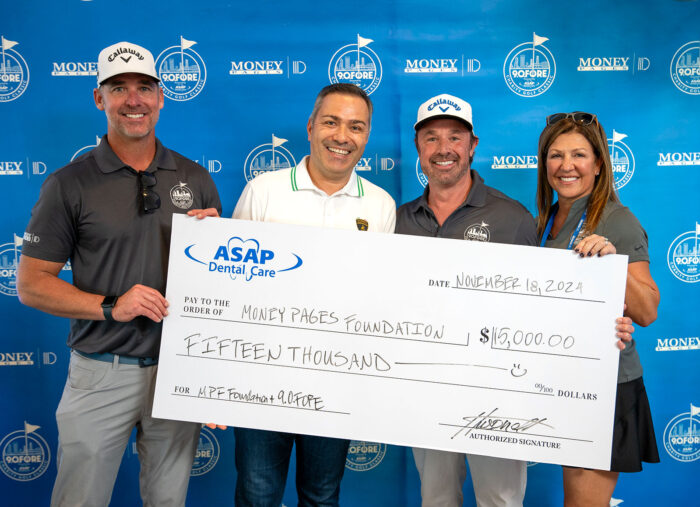 ASAP Dental Care presents a $15,000 donation check to the Money Pages Foundation at the Charity Golf Classic.